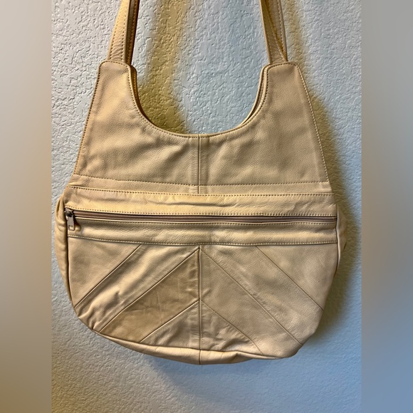 Leather Boho‎ Chic Beige Shoulder Bag Zipper Pockets Made in Mexico - Picture 5 of 7